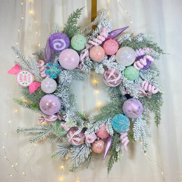 Peppermint Square Pastel Candy Frosted Pine 24" Holiday Christmas Wreath Rare - Picture 3 of 16
